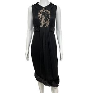 J. MENDEL Black Silk Lace Sleeveless Cutout Mink Trim Knee Length Dress 8